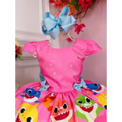 Vestido Infantil Baby Shark Brincando Fundo Mar Rosa Chiclete