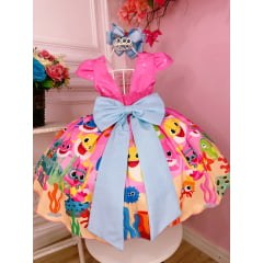 Vestido Infantil Baby Shark Brincando Fundo Mar Rosa Chiclete