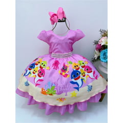Vestido Infantil Baby Shark Luxo Cinto Pérolas e Strass