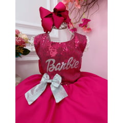 Vestido Infantil Barbie Busto Paetê Pink e Broche de Lacinho