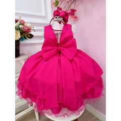 Vestido Infantil Barbie Busto Paetê Pink e Broche de Lacinho