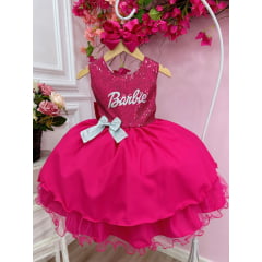 Vestido Infantil Barbie Busto Paetê Pink e Broche de Lacinho