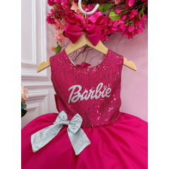 Vestido Infantil Barbie Busto Paetê Pink e Broche de Lacinho