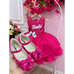 Vestido Infantil Barbie Busto Paetê Pink e Broche de Lacinho