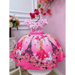 Vestido Infantil Barbie em Paris Rosa e Pink Cinto Pérolas