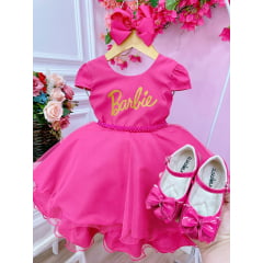 Vestido Infantil Barbie Luxo Pink Com Cinto de Pérolas