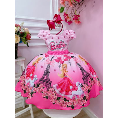 Vestido Infantil Barbie Paris Rosa e Pink Cinto Pérolas