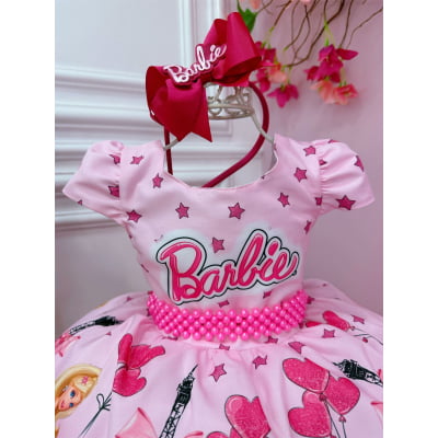 Vestido Infantil Barbie Paris Rosa e Pink Cinto Pérolas