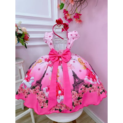 Vestido Infantil Barbie Paris Rosa e Pink Cinto Pérolas