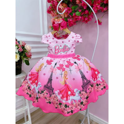 Vestido Infantil Barbie Paris Rosa e Pink Cinto Pérolas