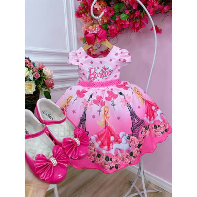 Vestido Infantil Barbie Paris Rosa e Pink Cinto Pérolas