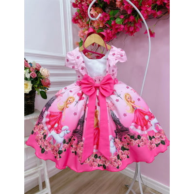 Vestido Infantil Barbie Paris Rosa e Pink Cinto Pérolas