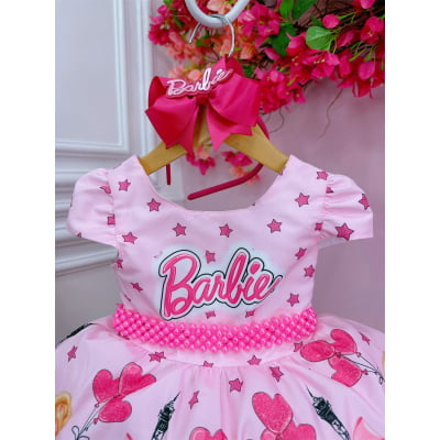 Vestido Infantil Barbie Paris Rosa e Pink Cinto Pérolas