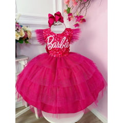 Vestido infantil Barbie Pink Babados Glitter Brilho luxo