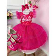 Vestido infantil Barbie Pink Babados Glitter Brilho luxo