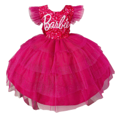 Vestido infantil Barbie Pink Babados Glitter Brilho luxo