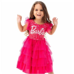 Vestido infantil Barbie Pink Babados Glitter Brilho luxo