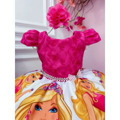 Vestido Infantil Barbie Pink Busto C/ Renda e Flor P/ Cabelo