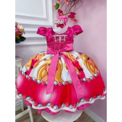 Vestido Infantil Barbie Pink Busto C/ Renda e Flor P/ Cabelo