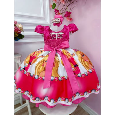 Vestido Infantil Barbie Pink Busto C/ Renda e Flor P/ Cabelo
