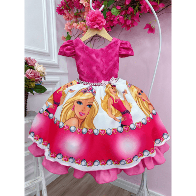 Vestido Infantil Barbie Pink Busto C/ Renda e Flor P/ Cabelo