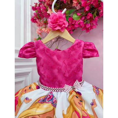 Vestido Infantil Barbie Pink Busto C/ Renda e Flor P/ Cabelo
