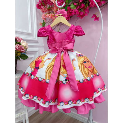 Vestido Infantil Barbie Pink Busto C/ Renda e Flor P/ Cabelo