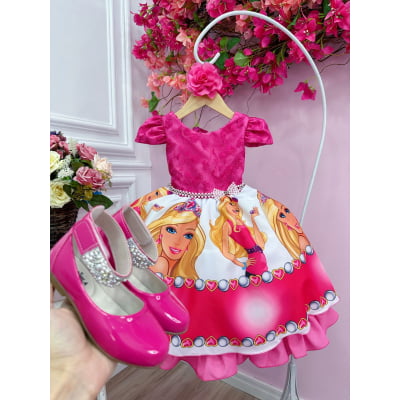 Vestido Infantil Barbie Pink Busto C/ Renda e Flor P/ Cabelo
