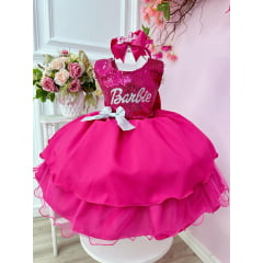 Vestido Infantil Barbie Pink Busto Paetê e Broche de Lacinho