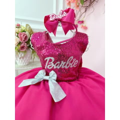 Vestido Infantil Barbie Pink Busto Paetê e Broche de Lacinho