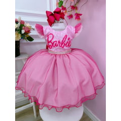 Vestido infantil Barbie Rosa Babados Glitter Brilho luxo