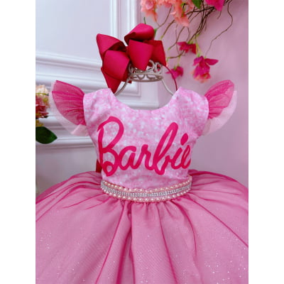 Vestido infantil Barbie Rosa Babados Glitter Brilho luxo