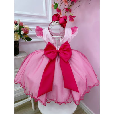 Vestido infantil Barbie Rosa Babados Glitter Brilho luxo