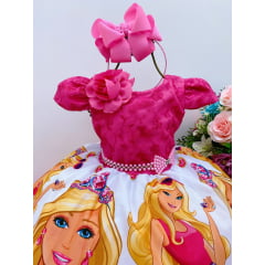 Vestido Infantil Barbie Rosa Busto Renda C/ Flor P/ Cabelo