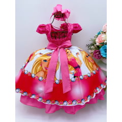 Vestido Infantil Barbie Rosa Busto Renda C/ Flor P/ Cabelo