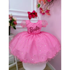 Vestido Infantil Barbie C/ Glitter e Estrelas Rosa Chiclete