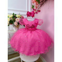 Vestido Infantil Barbie C/ Glitter e Estrelas Rosa Chiclete