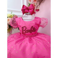 Vestido Infantil Barbie C/ Glitter e Estrelas Rosa Chiclete