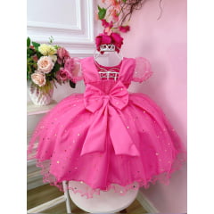 Vestido Infantil Barbie C/ Glitter e Estrelas Rosa Chiclete