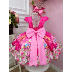 Vestido Infantil Barbie Rosa Chiclete Com Cinto de Pérolas