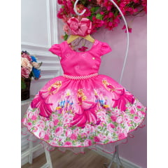 Vestido Infantil Barbie Rosa Chiclete Com Cinto de Pérolas