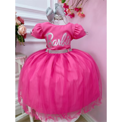 Vestido Infantil Barbie Rosa Chiclete Com Cinto de Strass