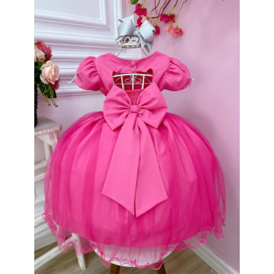 Vestido Infantil Barbie Rosa Chiclete Com Cinto de Strass