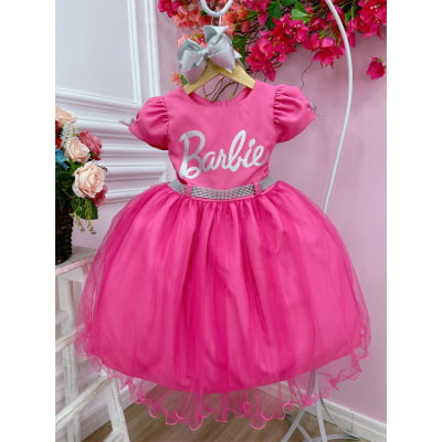 Vestido Infantil Barbie Rosa Chiclete Com Cinto de Strass