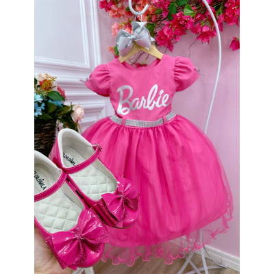 Vestido Infantil Barbie Rosa Chiclete Com Cinto de Strass