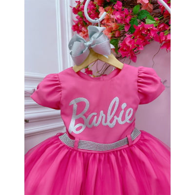 Vestido Infantil Barbie Rosa Chiclete Com Cinto de Strass