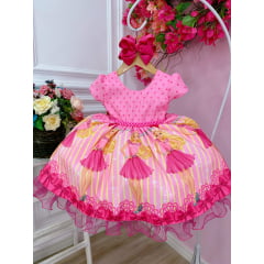 Vestido Infantil Barbie Rosa e Pink Peito C/ Strass Pérolas