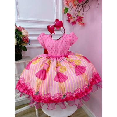 Vestido Infantil Barbie Rosa e Pink Peito C/ Strass Pérolas Vestido Infantil Barbie Rosa e Pink Peito C/ Strass Pérolas