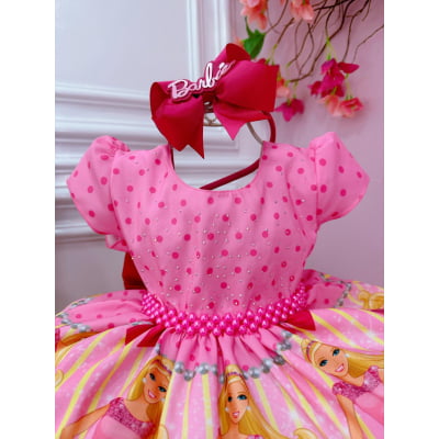 Vestido Infantil Barbie Rosa e Pink Peito C/ Strass Pérolas