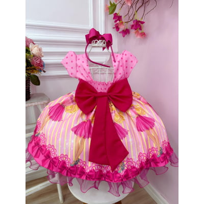 Vestido Infantil Barbie Rosa e Pink Peito C/ Strass Pérolas
